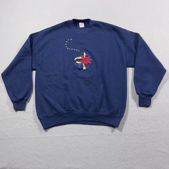 Vintage Sweatshirt Adult‎ XL Blue Nautical Embroidered Pullover USA Made 80s - Picture 1 of 10